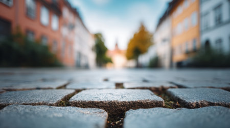 Charming cobblestone street in a historical town, featuring blurred buildings and a soft sky, evoking a sense of tranquility and urban beauty in daylight.の素材