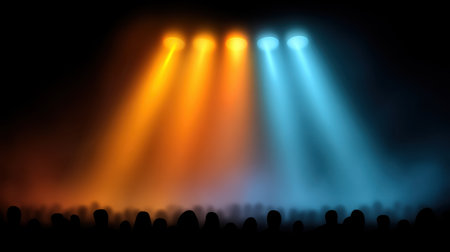 Colorful stage lights shine down on an enthusiastic crowd, creating an electrifying atmosphere for a live performance or concert event, enhancing the excitement.の素材