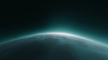 This mesmerizing image showcases an expansive view of a distant planet, highlighting its vibrant atmosphere and mysterious horizon set against a dark space backdrop.の素材