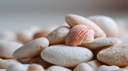 This image features a serene arrangement of smooth pebbles with a delicate shell on top, showcasing natural textures and warm colors, ideal for relaxation and nature themes.の素材