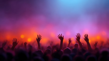 A dynamic scene featuring an enthusiastic crowd with raised hands, set against a backdrop of colorful lights during a lively concert, creating an unforgettable experience.の素材