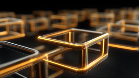 This image features an abstract design of glowing neon boxes set in a digital space, perfect for projects that require futuristic and creative concepts.の素材