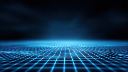 A captivating digital landscape featuring a neon blue grid on a dark background, perfect for themes of technology, virtual reality, and futuristic designs.の素材