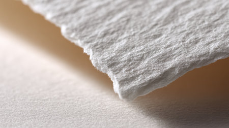 A beautifully detailed close-up of white textured paper with distinctive fibers, highlighted by soft shadows and glowing light, perfect for design or artistic uses.の素材