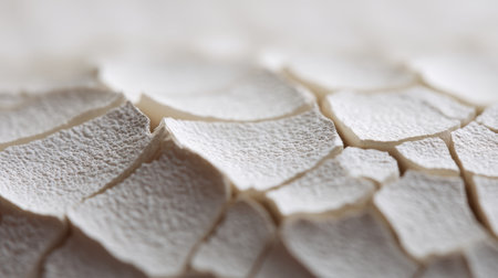 This close-up image showcases a cracked white surface with intricate textures, ideal for backgrounds or artistic projects. The simplicity adds elegance and versatility.の素材