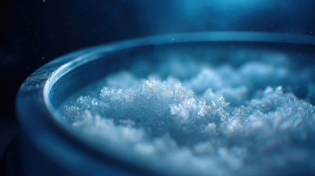 A captivating close-up image of salt crystals in a glass container, enhanced by a blue background and soft lighting, evoking tranquility and purity in a culinary context.の素材