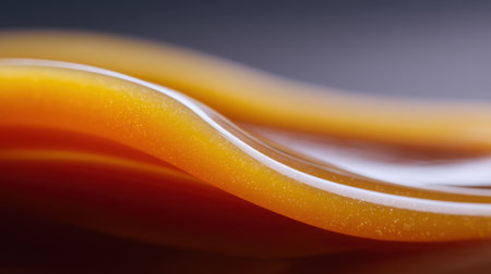A striking close-up of smooth caramel drizzle, showcasing an appealing texture against a dark background. The soft waves and shine create a tempting visual.の素材