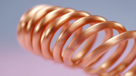 A stunning close-up of copper wire spirals showcasing intricate textures and reflections against a soft gradient background, perfect for abstract artistic projects.の素材