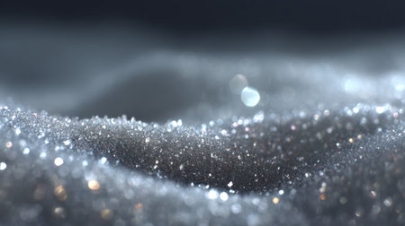 This image showcases a mesmerizing close-up of shimmering silver glitter scattered on soft fabric, creating a dreamy atmosphere with enchanting bokeh highlights and elegant textures.の素材