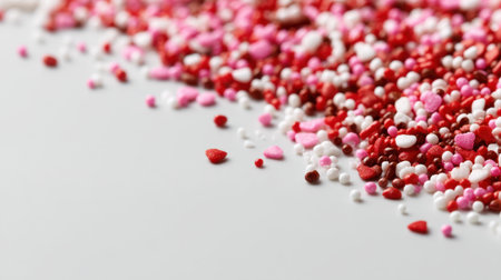 Discover a vibrant collection of heart-shaped sprinkles in red, pink, and white, perfect for adding a playful touch to baking creations and festive celebrations.の素材