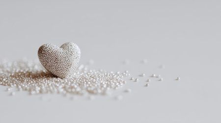 A stunning heart-shaped ornament rests on a bed of tiny beads, showcasing elegance and creativity. The minimalist design evokes emotions of love and beauty.の素材