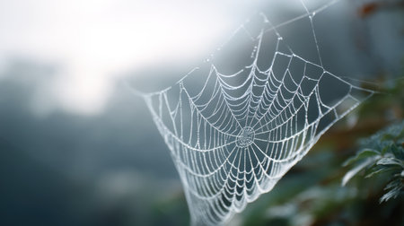 A stunning close-up of a spider web adorned with glistening dewdrops in gentle morning light. This image captures the beauty of nature's intricate designs.の素材