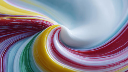 A stunning close-up view of colorful paint swirling harmoniously together, showcasing vibrant tones of red, yellow, green, blue, and white, perfect for artistic use.の素材