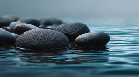 A serene scene of smooth dark stones resting gently on a tranquil water surface, reflecting calming blue tones, perfect for relaxation and meditation themes.の素材