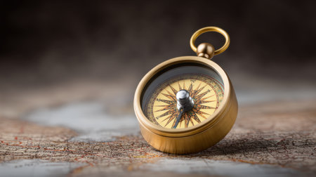 A stunning vintage brass compass rests elegantly on an old world map, capturing the essence of exploration and adventure, ideal for travel-themed projects.の素材
