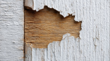 This close-up image captures the detailed texture of weathered wood with peeling white paint, exposing a rich, raw grain that showcases natural aging and rustic charm.の素材