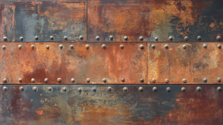 This image features a rough rusty metal surface adorned with rivets, showcasing rich earthy tones that evoke a vintage industrial aesthetic perfect for design projects.の素材