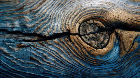 Discover a stunning close-up of weathered wood showcasing intricate grain patterns and a prominent knot. This artistic depiction highlights nature's beauty in rich tones.の素材