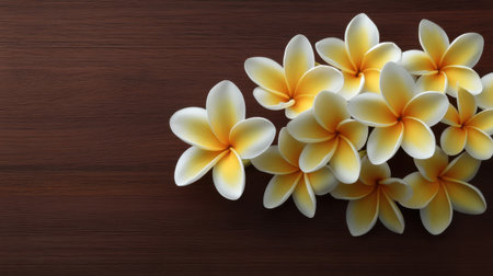 Vibrant frangipani flowers in yellow and white elegantly arranged on a rich wooden surface, ideal for backgrounds that evoke tranquility and natural beauty.の素材