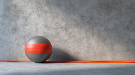 This image presents a gray exercise ball with red stripes against a textured concrete wall. An orange line on the floor creates a dynamic training space. Ideal for fitness themes.の素材