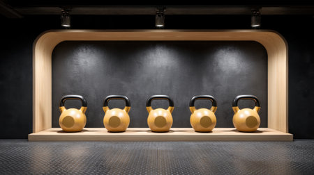 A modern gym space featuring five yellow kettlebells displayed on a stylish wooden shelf against a sleek black wall, showcasing a perfect blend of fitness and design.の素材