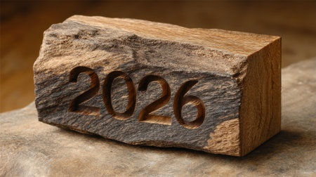 A rustic wooden block showcases the year 2026, creating a timeless piece for home decoration and events. Ideal for those who appreciate natural beauty and craftsmanship.の素材