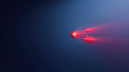 This abstract image features vivid red arrows moving in a dynamic manner, set against a blue and black gradient background, perfect for themes of direction and innovation.の素材