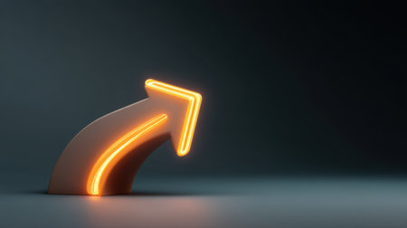 A striking 3D render of a curved orange neon arrow positioned on a smooth surface, set against a dark backdrop, perfect for concepts of direction and creativity.の素材