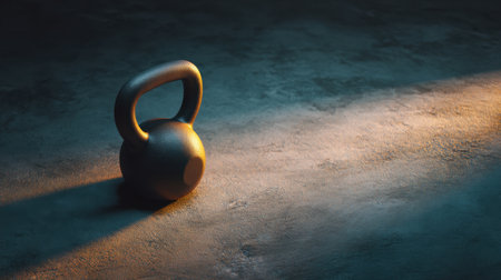 A black kettlebell rests on a dark textured surface, beautifully illuminated by natural light, offering a captivating focus for fitness and workout visuals.の素材