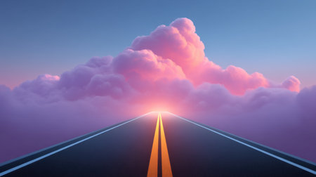 A mesmerizing scene featuring a surreal road disappearing into vibrant pink and orange clouds at sunset, creating a captivating and dreamlike atmosphere for viewers.の素材