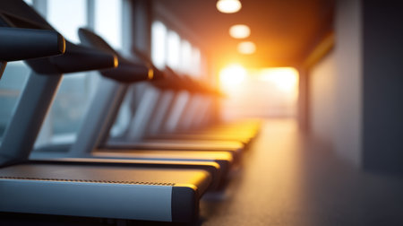 A tranquil gym scene featuring empty treadmills illuminated by warm sunrise light, perfect for showcasing fitness environments and promoting a healthy lifestyle.の素材