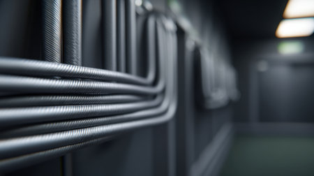 This image captures a close-up view of industrial electrical cables running along a corridor. The soft lighting and gray walls enhance the technical appeal.の素材