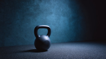 A solitary black kettlebell rests on a textured surface, illuminated by blue light, symbolizing strength and fitness goals in a minimalist setting.の素材
