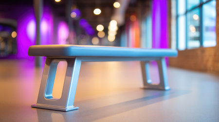 A modern gym bench sits stylishly in a bright fitness space, showcasing colorful lighting and a spacious design ideal for workout routines and personal training.の素材