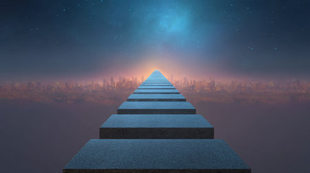 A mesmerizing pathway of steps leads toward a glowing horizon above a futuristic city, bathed in the beauty of a starry sky and twilight hues.の素材