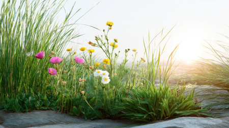 A serene view of vibrant wildflowers and green grasses growing on rocky terrain, illuminated by soft morning sunlight, epitomizing tranquility in nature.の素材