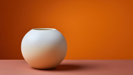 This image showcases a minimalist white vase with a round shape, beautifully contrasted against a vibrant orange wall and a soft peach tabletop, perfect for modern interior decor.の素材