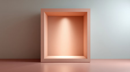 A minimalist empty display box with soft pink lighting offers a serene backdrop for product showcasing, art presentation, or creative branding in a modern setting.の素材