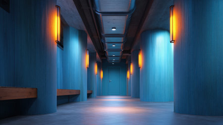 A captivating interior hallway featuring blue walls and unique lighting fixtures. The design elements create a serene atmosphere, showcasing modern aesthetics in urban architecture.の素材