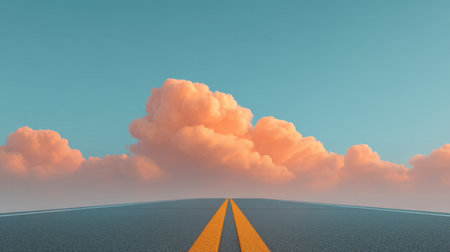 Scenic view of an empty road stretching towards a bright blue sky adorned with fluffy clouds, perfect for evoking feelings of freedom and adventure.の素材