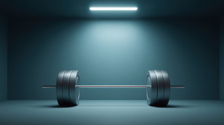 A stylish barbell sits in an empty space with modern design elements and soft blue lighting, creating an atmosphere perfect for fitness and inspiration.の素材