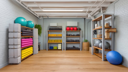 Spacious and modern fitness room featuring a variety of exercise equipment including yoga mats, weights, and stability balls. Ideal for a healthy lifestyle.の素材