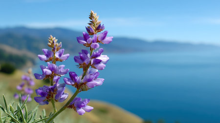 A vibrant display of purple flowers against a backdrop of a tranquil blue ocean and a clear sky, showcasing the beauty of nature and serene landscapes.の素材