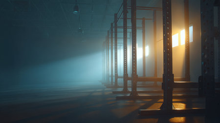 A captivating image of an industrial gym interior, highlighting beams of sunlight creating dramatic shadows, fostering a serene and motivational workout atmosphere.の素材