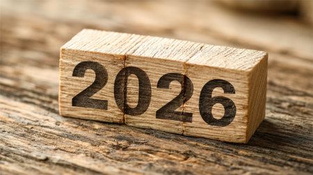 A close-up image of wooden blocks displaying the year 2026 on a textured wooden surface, representing new beginnings and future planning in a rustic and charming style.の素材