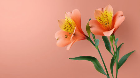 Two stunning orange alstroemeria flowers stand gracefully against a soft coral backdrop, exuding elegance and charm. Ideal for floral designs and cheerful decorations.の素材