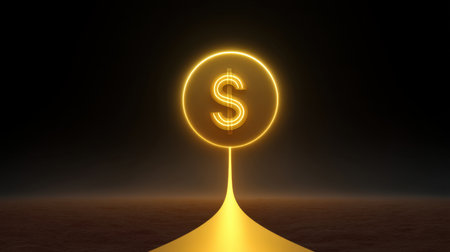 A stunning golden dollar symbol radiates a bright glow in a dark space, representing modern financial concepts, wealth, and innovative business ideas in a striking design.の素材