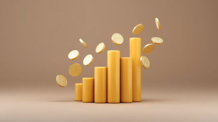 A dynamic visual of rising yellow bars representing financial growth, accompanied by coins falling, symbolizing investments and economic success in a minimalist setting.の素材