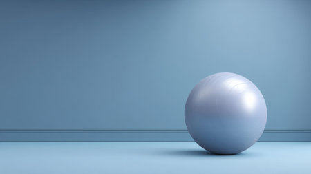 A serene gym space featuring a solitary exercise ball against a soft blue wall and floor, perfect for wellness, fitness, and minimalist design themes.の素材