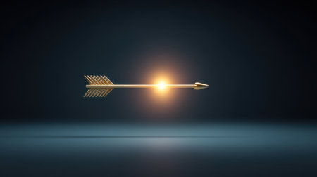 This striking image of a golden arrow with a radiant light emphasizes themes of success and direction. Perfect for creative projects focused on aspiration and achievement.の素材